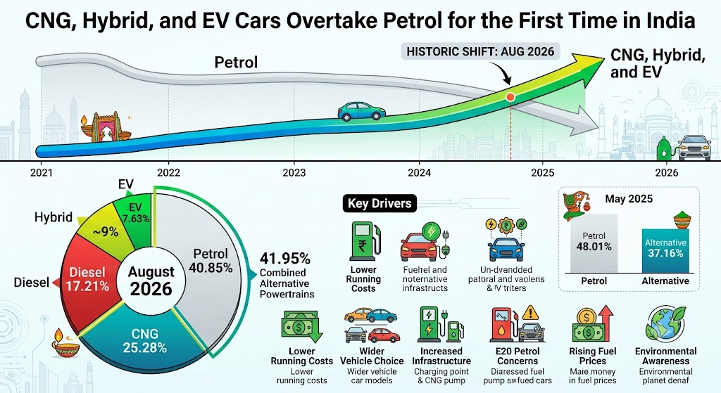 CNG, Hybrid and EV Cars Overtake Petrol in India for the First Time